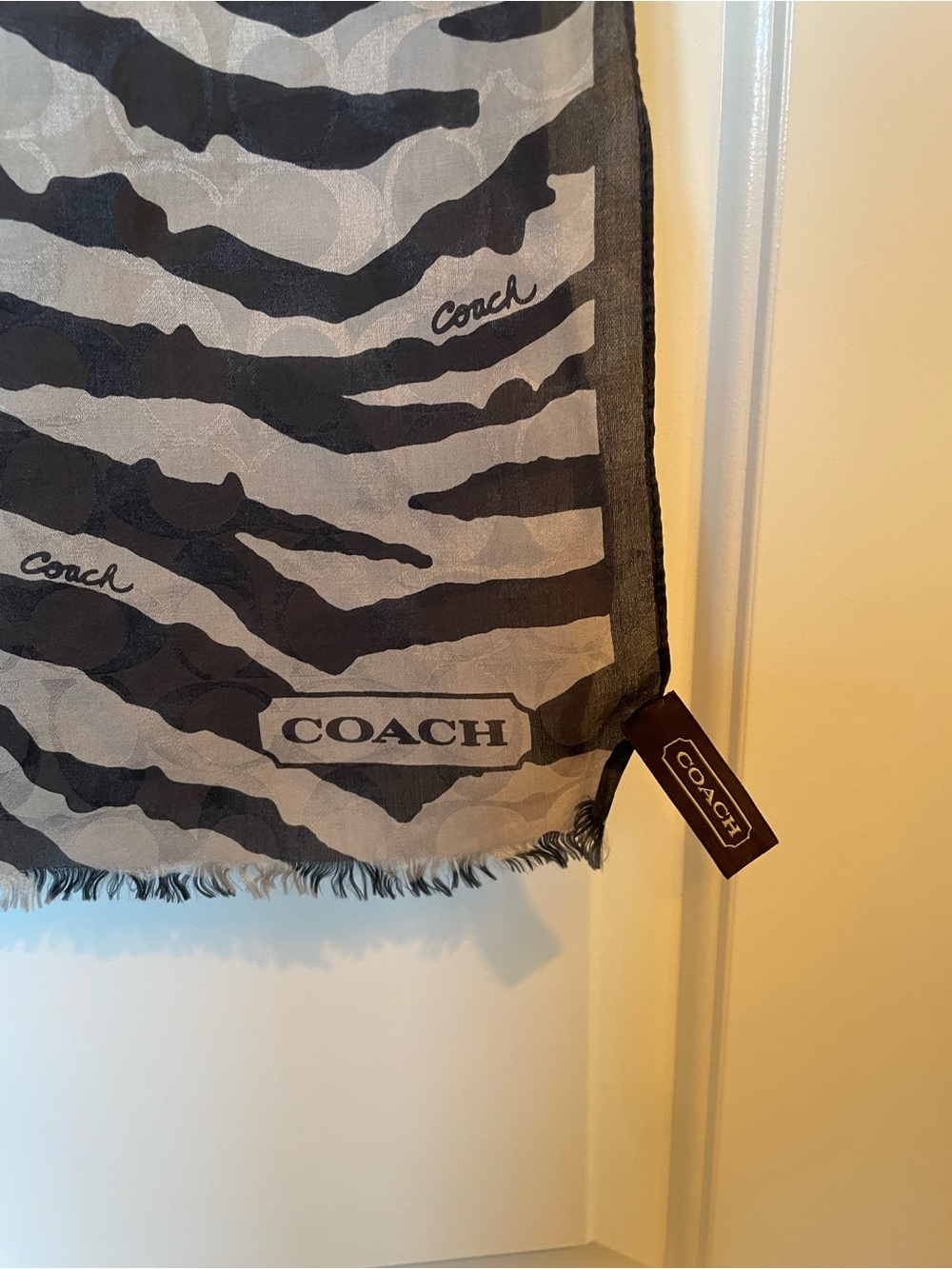 Coach Zebra Stripe Logo Scarf in Black and Gray - Picture 3 of 10